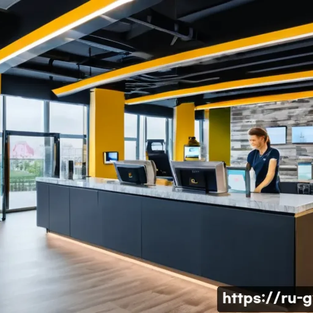 피트니스 경영사 근무 환경의 장단점 - A modern fitness club reception area in Moscow, Russia, bustling with diverse staff members includin...