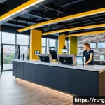 피트니스 경영사 근무 환경의 장단점 - A modern fitness club reception area in Moscow, Russia, bustling with diverse staff members includin...