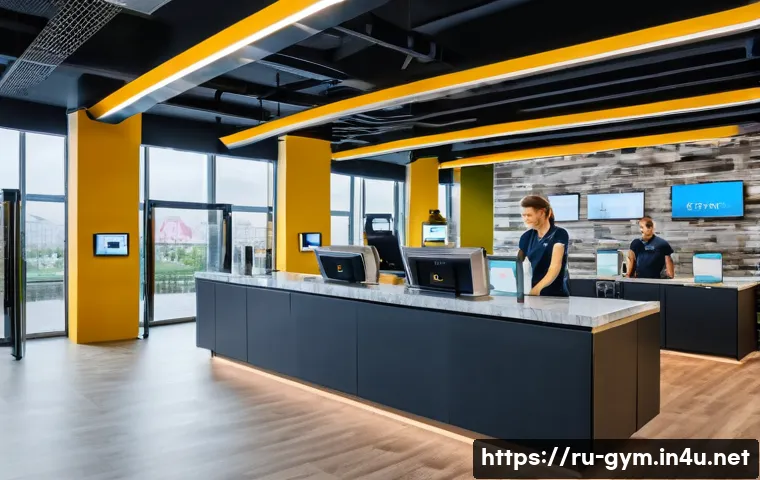 피트니스 경영사 근무 환경의 장단점 - A modern fitness club reception area in Moscow, Russia, bustling with diverse staff members includin...