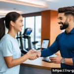 Home 22 피트니스 경영사 비전과 역할 - A modern fitness club reception area with a friendly, attentive manager greeting diverse clients war...