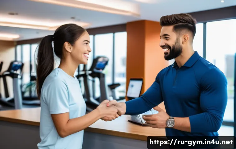 피트니스 경영사 비전과 역할 - A modern fitness club reception area with a friendly, attentive manager greeting diverse clients war...