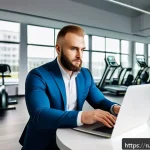 Home 21 피트니스 경영사 자격증 필수 준비물 - A professional fitness club manager in a modern Russian fitness center office, dressed in smart casu...