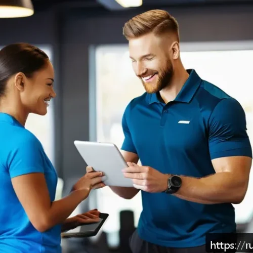 Home 32 피트니스 경영사 실기 평가 항목 정리 - A modern fitness center interior bustling with diverse staff members coordinating schedules and assi...