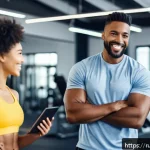 Home 19 피트니스 경영사의 필요 역량 개발 방법 - A dynamic fitness business leader inspiring a diverse team inside a modern gym environment, with tea...