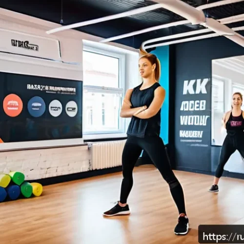 Home 30 피트니스 경영사로 시작하는 피트니스 사업 - A modern Russian fitness studio interior filled with diverse clients: young adults aged 18-30 engage...
