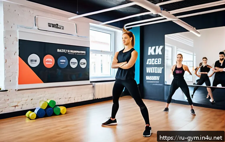 피트니스 경영사로 시작하는 피트니스 사업 - A modern Russian fitness studio interior filled with diverse clients: young adults aged 18-30 engage...